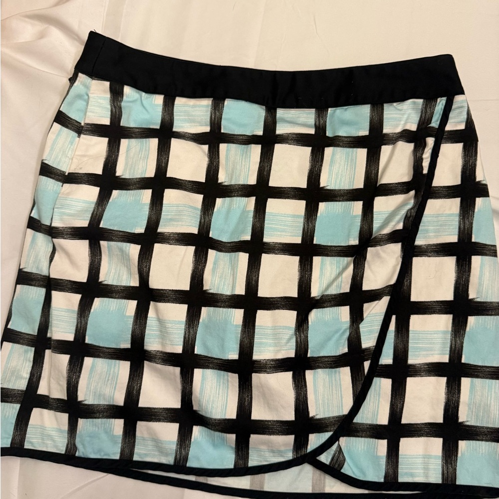 Greg Norman Collection Black and Light Blue Plaid Wrap Mini Skirt